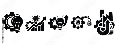 manufacturing innovation silhouette icon set, solid style, vector illustration