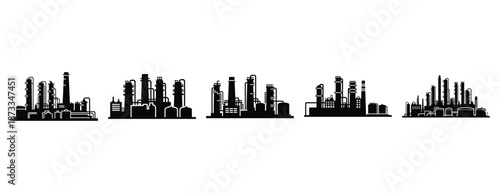 oil refinery silhouette icon set, solid style, vector illustration