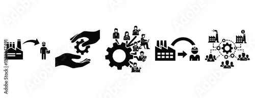 outsourcing production silhouette icon set, solid style, vector illustration