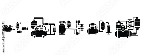 pneumatic system silhouette icon set, solid style, vector illustration