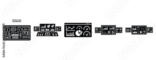 production dashboard silhouette icon set, solid style, vector illustration