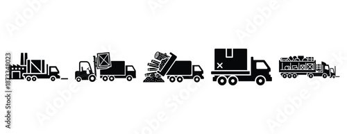 raw material delivery silhouette icon set, solid style, vector illustration