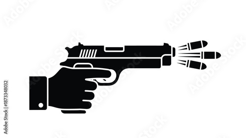 A black and white illustration depicting a handgun firing multiple bullets from its barrel