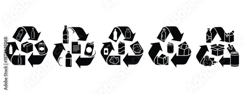 recycling process silhouette icon set, solid style, vector illustration