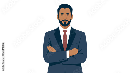 A confident cartoon businessman in a suit with his arms crossed smiling