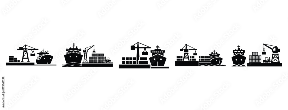 Fototapeta premium shipping dock silhouette icon set, solid style, vector illustration