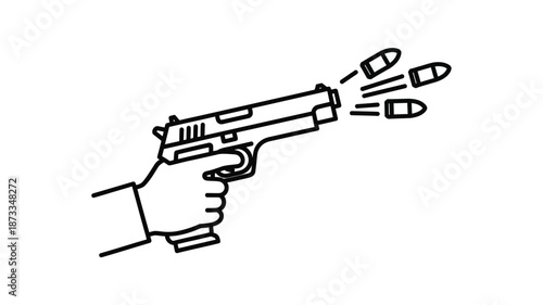 Line art illustration depicting a hand gripping and firing a handgun with bullet trails
