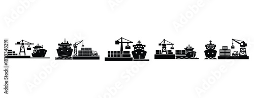 shipping dock silhouette icon set, solid style, vector illustration