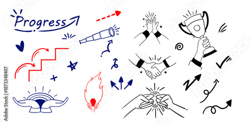 expressive icon collection for motivation, success, growth, progress, hand drawn design set, background for motivation poster, business theme design, illustration, symbol,