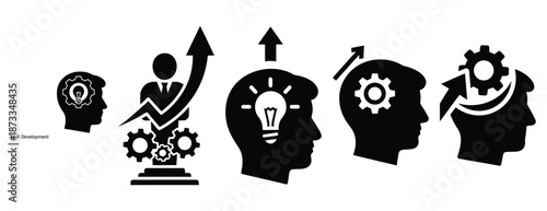 skill development silhouette icon set, solid style, vector illustration