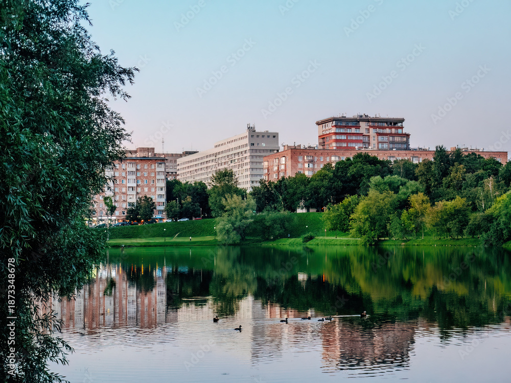 Obraz premium serene urban landscape featuring a calm pond surrounded by greenery and residential buildings