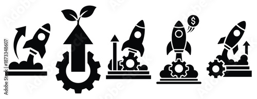 startup process silhouette icon set, solid style, vector illustration
