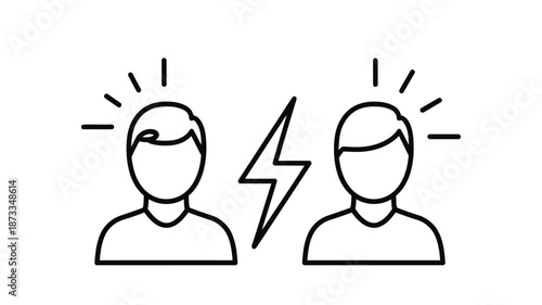 Two simplified human heads with radiating lines and a lightning bolt between them