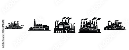 steel mill silhouette icon set, solid style, vector illustration