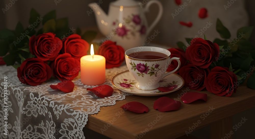 Fototapeta premium Tea cup and saucer with roses and candle on wooden table indoors