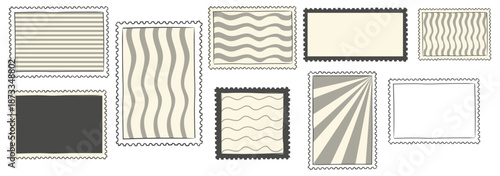 Stamp shaped frames with scalloped edges. Templates for stickers, flyers, banners, and postcards in retro style. Waves, stripes, and sunbeams in the background.