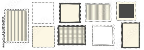 Stamp shaped frames with scalloped edges. Templates for stickers, flyers, banners, and postcards in retro style. Waves, stripes, and sunbeams in the background.