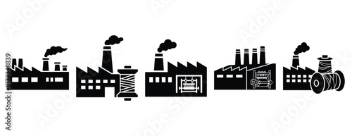 textile factory silhouette icon set, solid style, vector illustration
