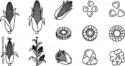 Outline set of black and white vector Corn, Pop corn icon collection