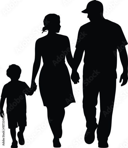Family silhouette, walking together, unity theme, black figures, white background, parent child bond, love symbol, minimalist design, togetherness