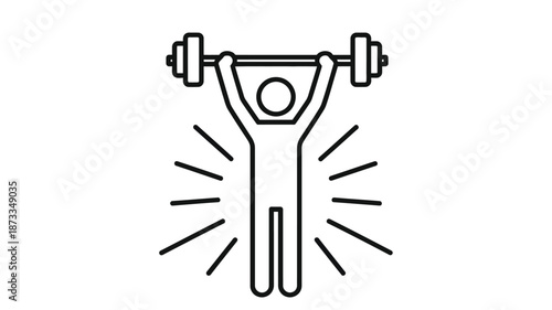 Line art illustration of a weightlifter raising a barbell overhead with radiating lines