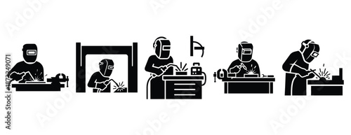 welding station silhouette icon set, solid style, vector illustration