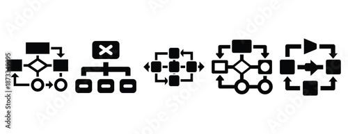 workflow chart silhouette icon set, solid style, vector illustration
