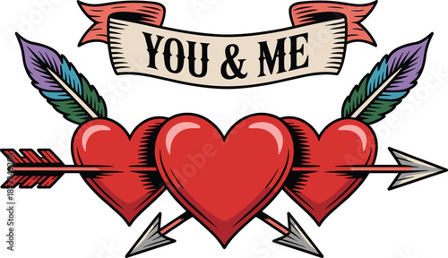Heart arrows, YOU & ME banner, romantic design, love theme, colorful illustration, Valentine’s Day tattoo style, celebration graphic, vibrant art