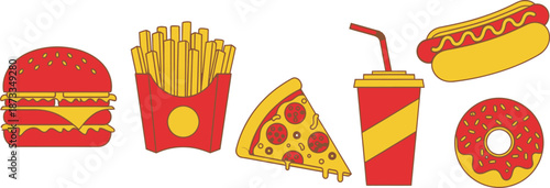 Set of 6 fast food items flat illustration burger fries hot dog pizza soda cup and donut