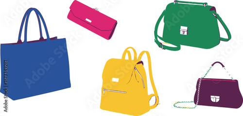 Set of 5 Womens Bags flat illustration tote bag clutch purse shoulder satchel backpack and evening handbag
