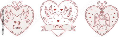 Romantic heart icons, doves and angel, love theme, Valentine’s Day illustration, spiritual design, red outline, light gray fill, celebration