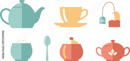 Set of 6 tea set items flat illustration teapot cup saucer spoon sugar bowl and tea bag