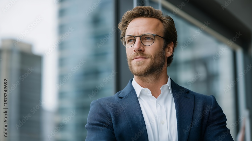 Fototapeta premium A confident business professional standing in a modern glass office with city skyline reflections, symbolizing leadership, career success, executive presence, and corporate ambition. cinematic