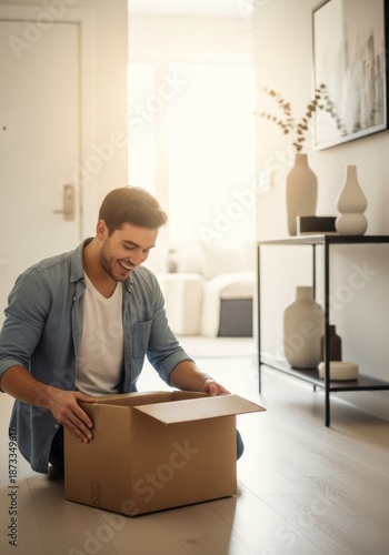 Man in blue shirt opening a cardboard box on the floor. Unpacking delivery at home for online shopping concept. Happy customer.