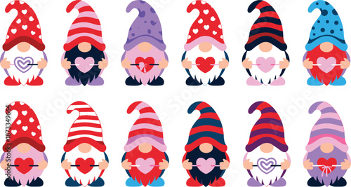 Valentine gnomes, cartoon heart holders, festive characters, colorful hats, love symbols, cute illustration, red pink theme, holiday decor, celebration
