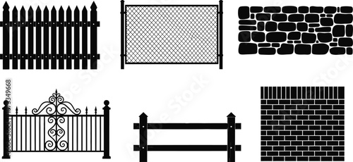 Silhouette illustration set of 6 Fence Styles picket fence chain link stone wall and wrought iron gate