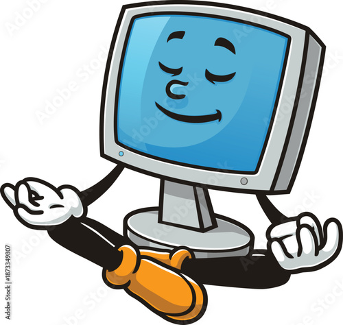 Cartoon computer monitor mascot is meditating or relaxing