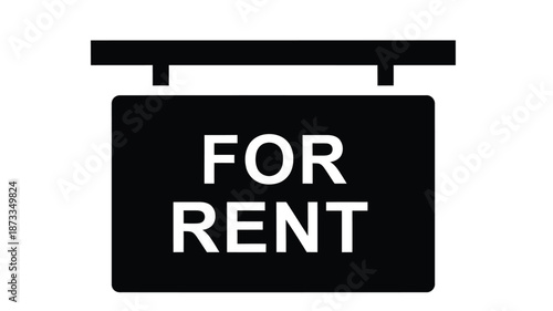 Simple black and white illustration of a for rent sign hanging from a bar