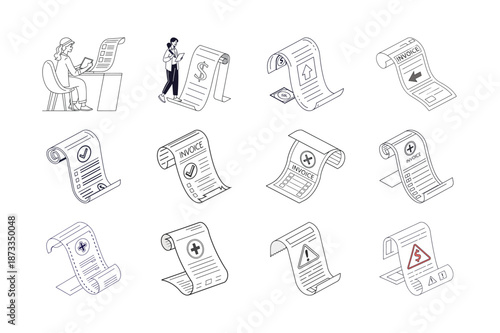 Document Variety: A collection of meticulously crafted line art illustrations showcasing various types of documents and forms, ideal for business and administrative concepts.