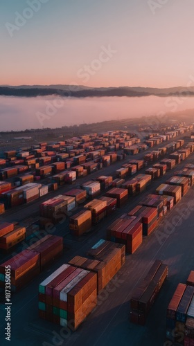 dock. Aerial view of stacked shipping containers at an industrial dock with morning mist. safety posters, maintenance manuals, designed for precision metalworking and fabrication facilities.
