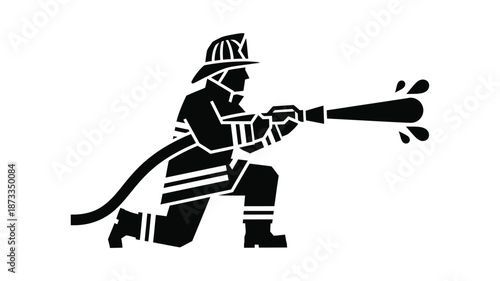 A silhouette of a firefighter actively spraying water from a hose during emergency response