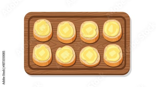 A top-down view of eight pieces of toasted bread with yellow butter spread on a rustic wooden cutting board, ready for breakfast or a snack.
