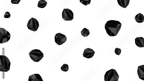 A dynamic pattern of randomly scattered black geometric abstract shapes with sharp angles and facets, creating a modern and striking background.