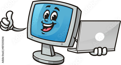 Cartoon computer monitor mascot holding a laptop