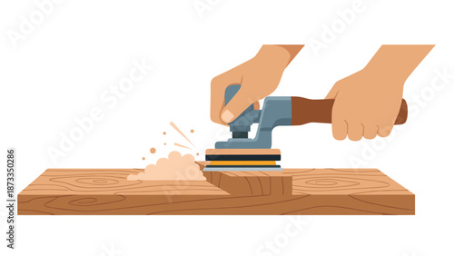 A close-up view of hands operating a block sander on a wooden surface, generating wood dust and shavings, highlighting the intensive sanding process.