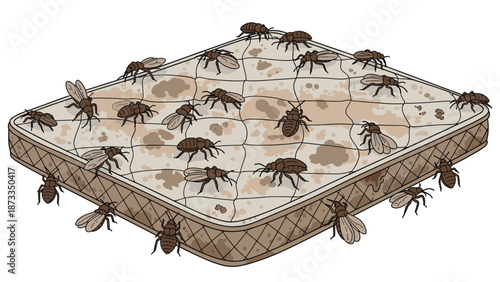 A heavily soiled and stained mattress covered in an unsettling swarm of various insects, including bed bugs and flies, symbolizing a severe hygiene issue.