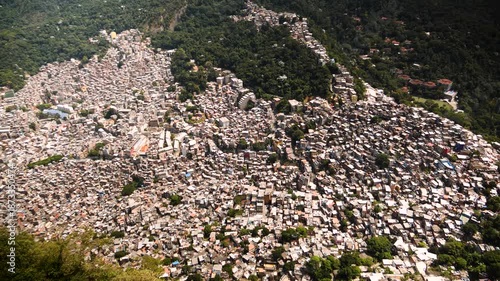 Favela near morro dois irmaos near Rio de Janeiro, colourful houses with mountains, Brazil. High quality 4k footage