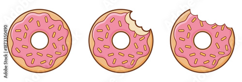 Pink frosted donuts with sprinkles whole with bite marks frosting sweet