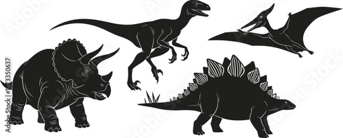 Silhouette illustration of prehistoric creatures including a t rex triceratops velociraptor and pterodactyl