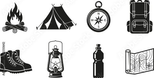Camping and hiking essentials icons